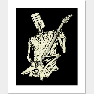 Funny Microphone Skeleton Playing Electric Guitar Posters and Art